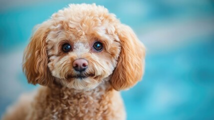 Adorable Toy Poodle's Endearing Expression against Muted Azure Backdrop