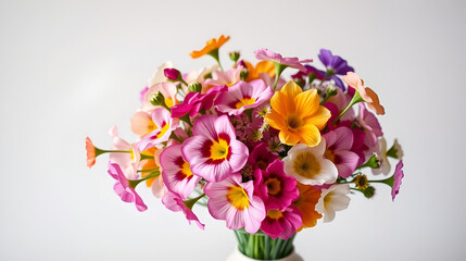 Obraz premium Colorful spring primula, primrose, polyanthus flowers. Floral still life with bouquet of spring primula flowers in a vase.