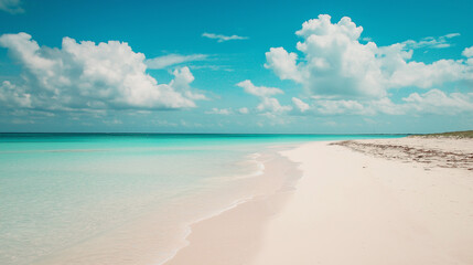 Obraz premium Traumhafter tropischer Strand mit türkisblauem Meer, weißem Sand und dramatischem Wolkenhimmel. Paradiesische Küstenlandschaft in unberührter Natur ohne Menschenspuren