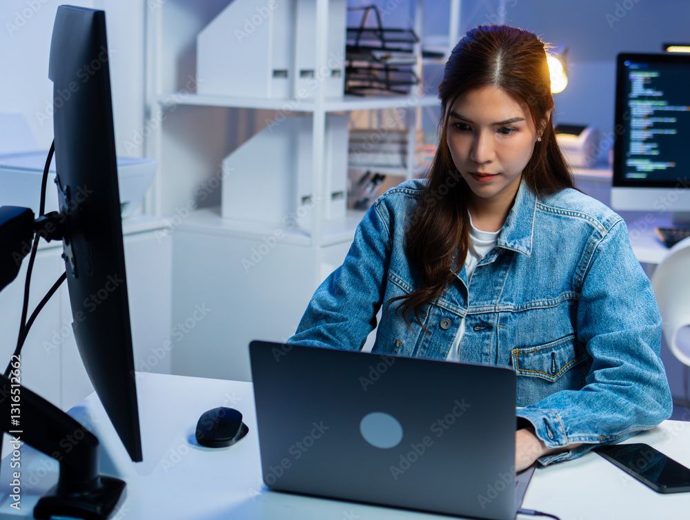 Wall mural professional asian female software engineer looking at monitor screen, analyzing source code algorit