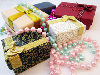     Different gift boxes on white background. International Women's Day, Birthday, Valentine's Day or Mother's Day                           