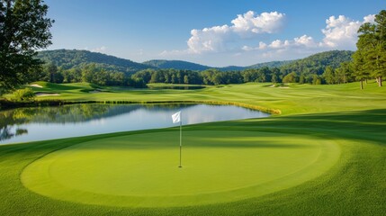 Obraz premium A serene golf course landscape featuring a green putting area, a pond, rolling hills, and a clear blue sky with puffy clouds.
