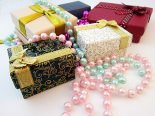     Different gift boxes on white background. International Women's Day, Birthday, Valentine's Day or Mother's Day                           