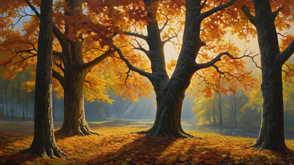 Obraz premium A lively autumn forest is portrayed with trees decorated in vibrant foliage, forming a harmonious blend of warm colors contrasting with cool forest ...