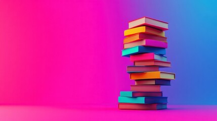 Colorful Stacked Books on a Vibrant Pink and Blue Background