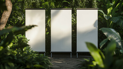 Three Blank Display Boards Surrounded by Lush Greenery in Nature