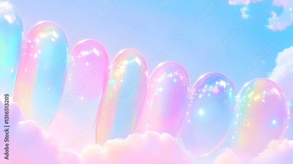 Poster dreamy iridescent bubbles float on pastel clouds, creating a whimsical 3d abstract background.
