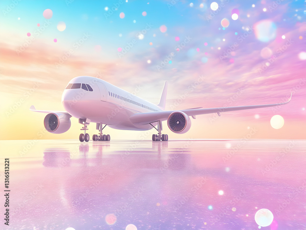 Poster 3d render of airplane on runway at sunset with pastel bokeh background
