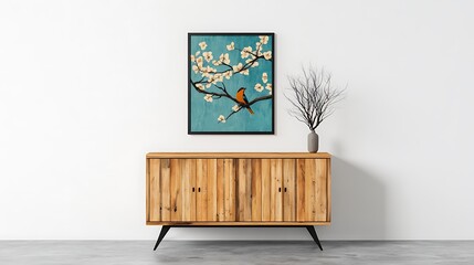 Tranquil Bird and Blossom: A Teal-toned Digital Painting in a Modern Home Setting AI Generated