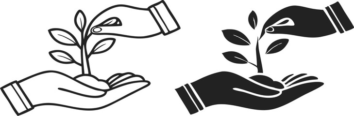 Plant in hand line and flat icon. Vector