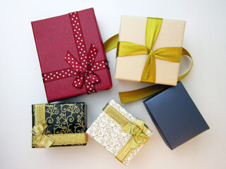 Different gift boxes on white background. International Women's Day, Birthday, Valentine's Day or Mother's Day