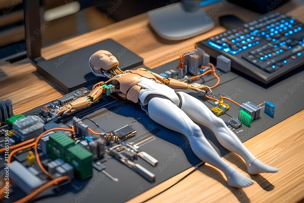 Poster 3d render of a disassembled humanoid robot laying on a circuit board