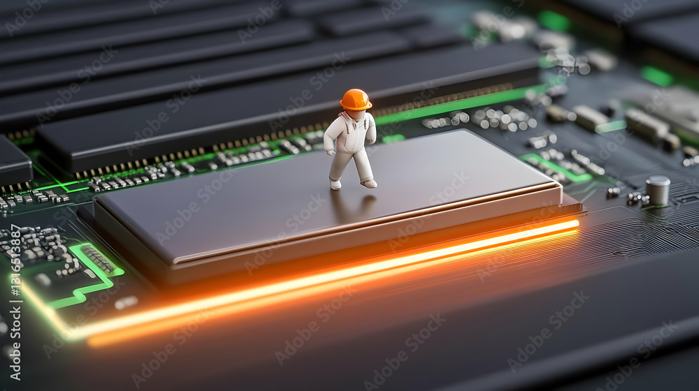 Poster 3d render: miniature worker inspects illuminated circuit board component
