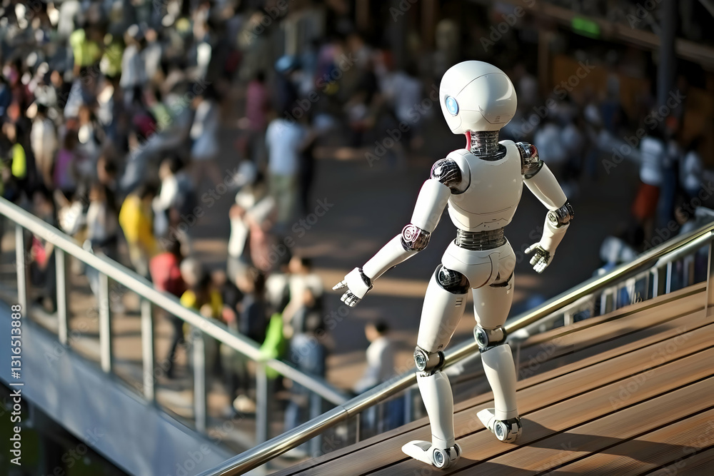 Poster 3d render of a robot observing a blurred crowd from an elevated platform