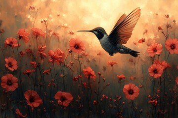 Hummingbird flying over vibrant red flowers during sunset