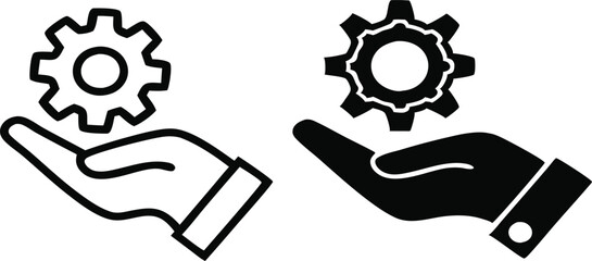 Gear in hand icon. Cogwheel symbol. Flat and line icons. Vector