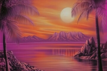 Tropical sunset over the mountains with palm trees, vibrant purple tones, serene reflection, copy space
