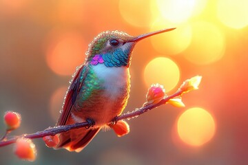 Colorful hummingbird perched on a branch with dew drops during sunrise