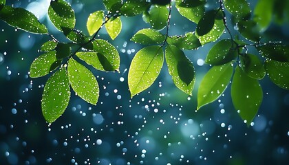 Rain drops on vibrant green leaves.