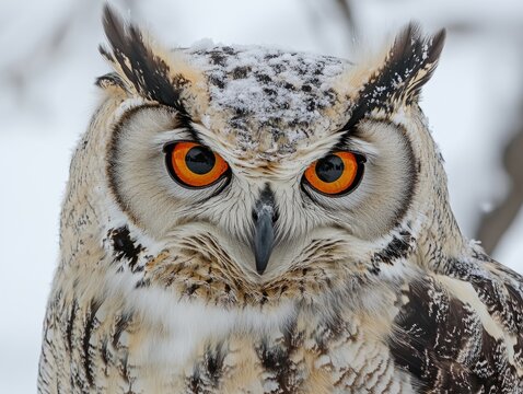 Eurasian eagle-owl staring intensely with piercing orange eyes