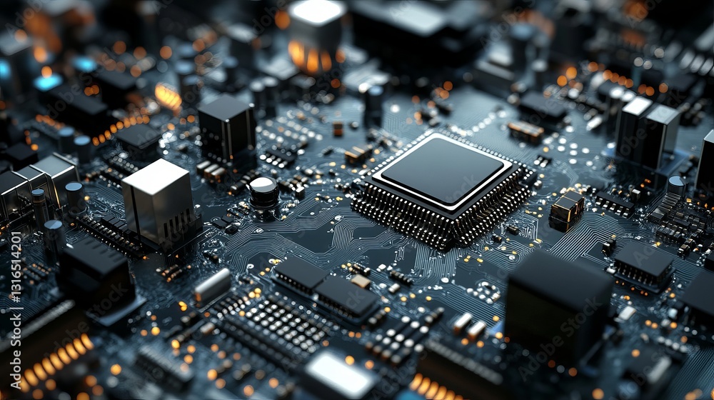Poster high tech circuit board detailed closeup modern technology digital microchip electronic components c