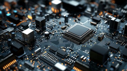 High Tech Circuit Board Detailed Closeup Modern Technology Digital Microchip Electronic Components Computer Hardware Advanced Innovation Powerful     