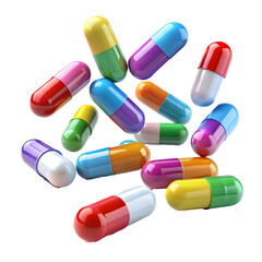 Colorful pills falling isolated on transparent background