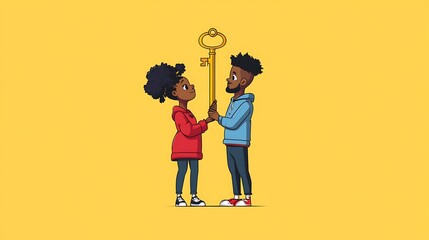 Couple Holding Giant Key - Vibrant Digital Illustration AI Generated