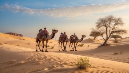 Desert Camels at Sunrise Stunning Arabian Landscape