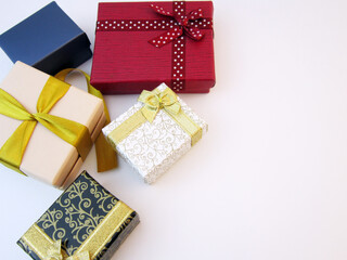 Different gift boxes on white background. International Women's Day, Birthday, Valentine's Day or Mother's Day