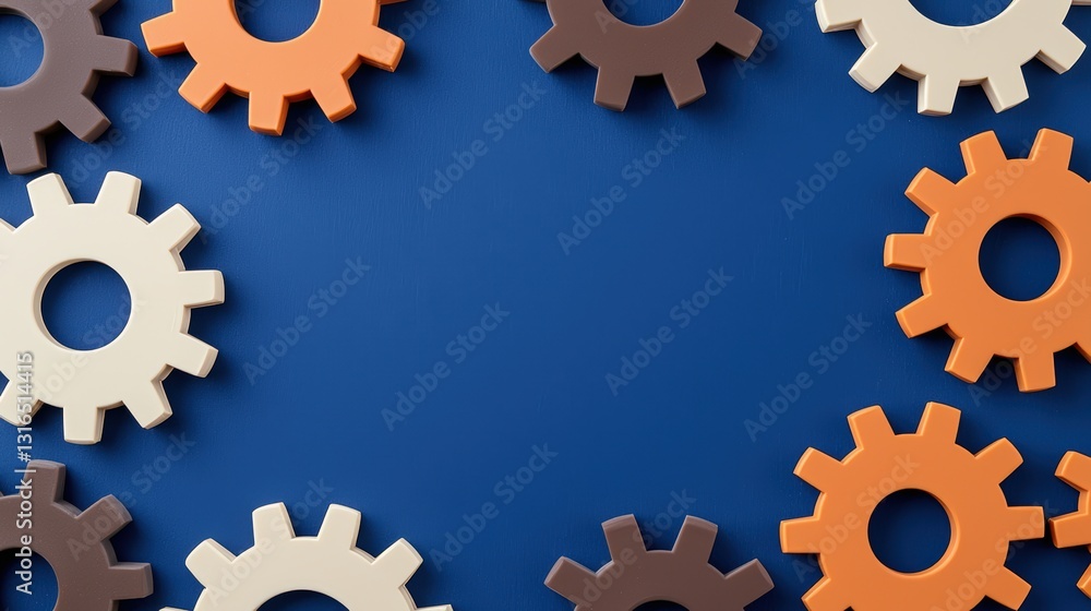Poster a collection of colorful gears arranged on a blue background, creating a visually appealing and dyna