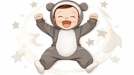 Obraz premium Joyful Baby in Animal Onesie Celebrates with Stars, Digital Illustration of a Cheerful Infant in Cute Costume Against Whimsical Background.