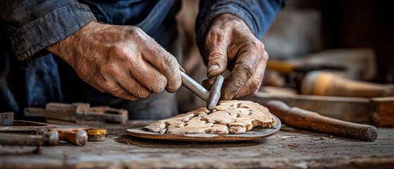 Craftsman hands hammer wood in workshop creating ornate designs on wooden shoe sole