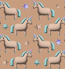 Abstract Hand Drawing 3D Emboss Rubber Balloon Plastic Cute Unicorns and Stars Seamless Baby Textile Pattern with Isolated Background
