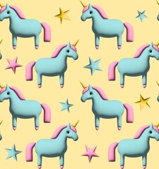 Abstract Hand Drawing 3D Emboss Rubber Balloon Plastic Cute Unicorns and Stars Seamless Baby Textile Pattern with Isolated Background