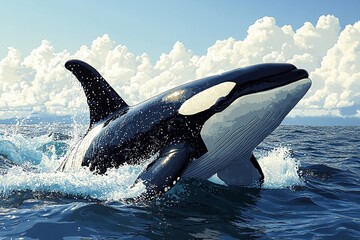 Obraz premium Majestic orca breaching the ocean surface under a bright blue sky with fluffy clouds