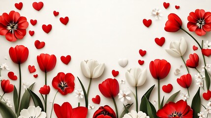 Red and White Tulips & Hearts: A Valentine's Day Flat Lay Illustration AI Generated