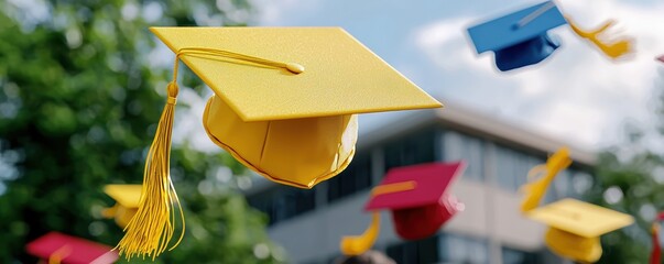 A Graduation caps in vibrant colors flying joyfully in air, symbolizing celebration and achievement. scene captures excitement of graduation ceremony