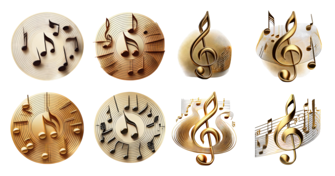 Vintage Music Notes Icons Set on Elegant Backgrounds for Designs, isolated on transparent background