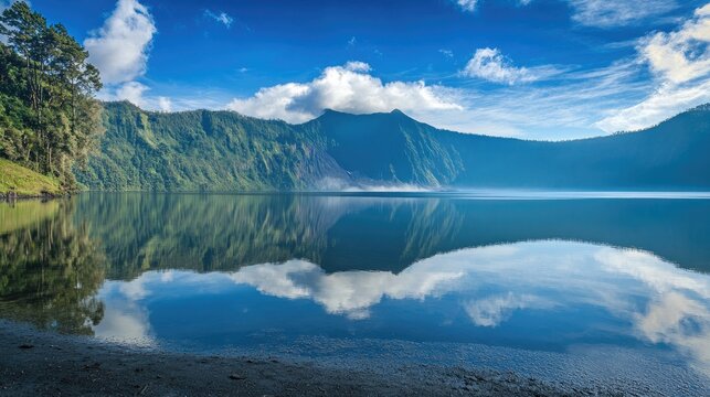 Reflections on Ranu Kumbolo Lake serene landscape of mountain and sky