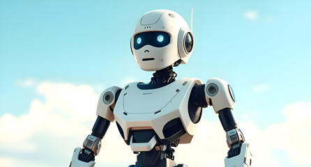 Futuristic Humanoid Robot with AI Technology Under Blue Sky