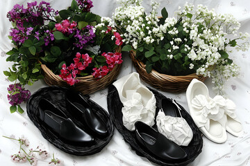 Stylish Black and White Shoes Resting in Woven Baskets Adorned with Delicate Flowers, a Fashionable Still Life Image