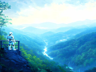 Digital Painting of a Robot Contemplating a Serene Mountain Valley Landscape with a River and Waterfall