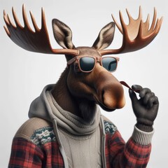 Anthropomorphic moose portrait with vintage sunglasses and modern clothing attire