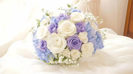 Elegant Bridal Bouquet of White and Lavender Roses with Baby's Breath and Hydrangeas, Resting on a Soft White Fabric
