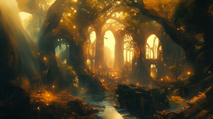 Naklejka premium Enchanting Sunlit Grove Ancient Ruins Overgrown by Mystical Trees