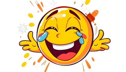 A vibrant, cartoon emoji is depicted with a wide, joyful smile and tears of laughter, radiating positivity.
