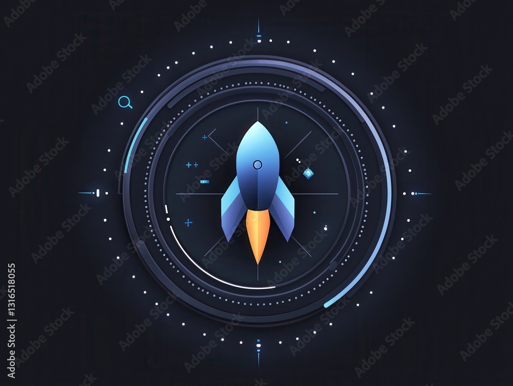 Poster futuristic rocket icon in a circular interface with cosmic elements