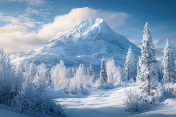 Obraz premium A magnificent winter wonderland where a giant peak rises majestically in the distance.