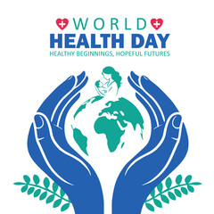 World Health Day concept, a mother holding her baby inside protective hands symbolizing care, flat style vector illustration.